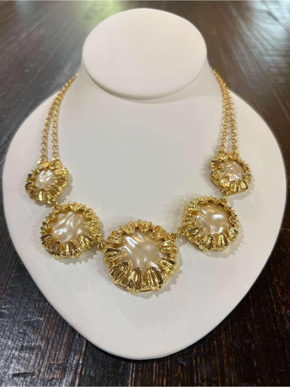 Signed Talbots Gold Tone Faux Baroque Pearl Floral Disc Statement Necklace